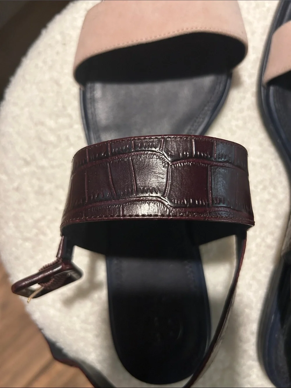 Tory Burch Blush Suede & Dark Brown Croc-Embossed Sandals